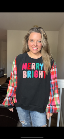 Upcycled Merry and Bright – women’s L/XL – midweight sweatshirt with fleece sleeves