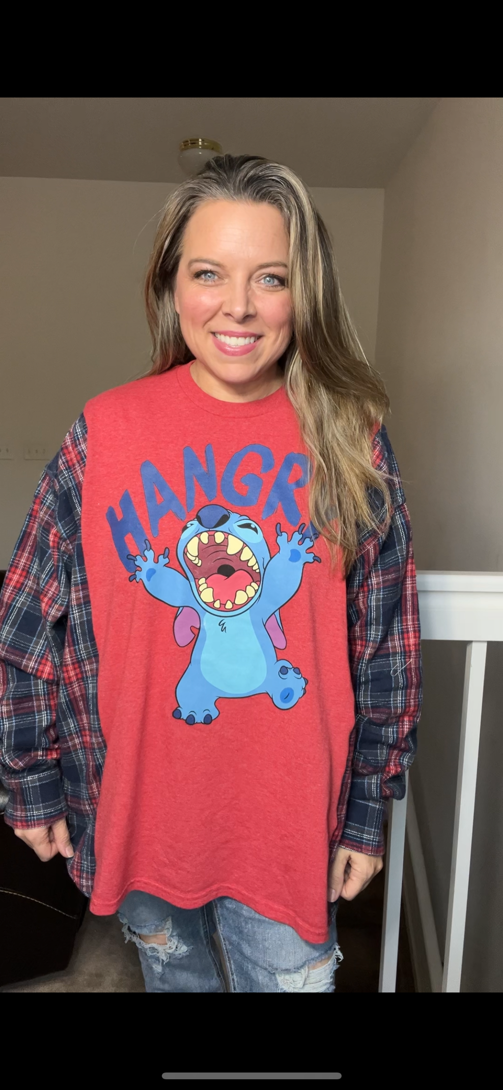 Upcycled Stitch – women’s 2X/3X – T-shirt with flannel sleeves