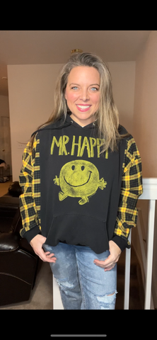 Upcycled Mr. Happy – women’s medium – midweight sweatshirt with flannel sleeves