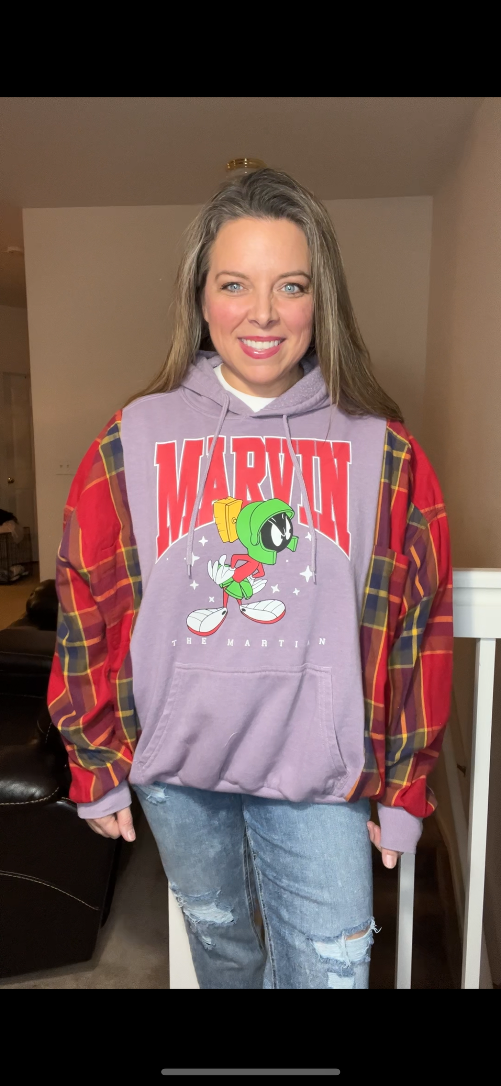Upcycled Martian - women’s L/XL – soft midweight sweatshirt with flannel sleeves