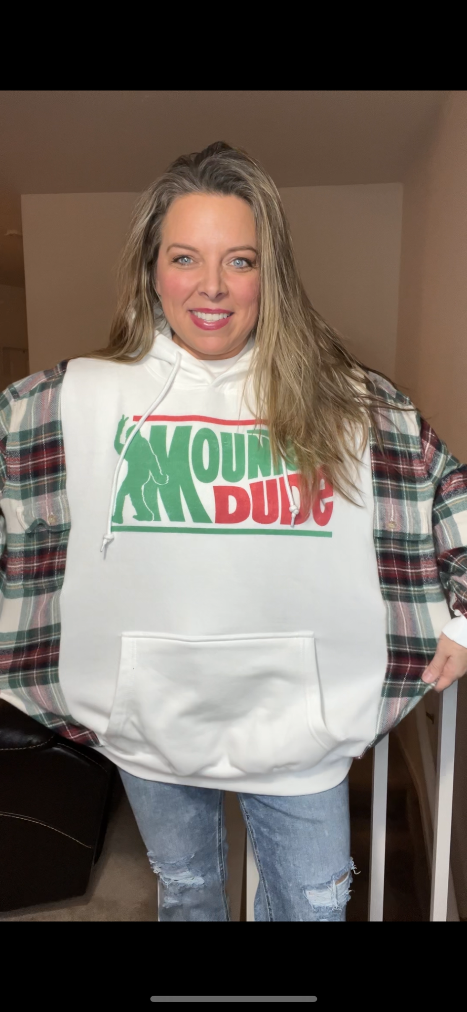 Upcycled Mountain Dude – woman’s 2X/3X – soft thick sweatshirt with soft flannel sleeves