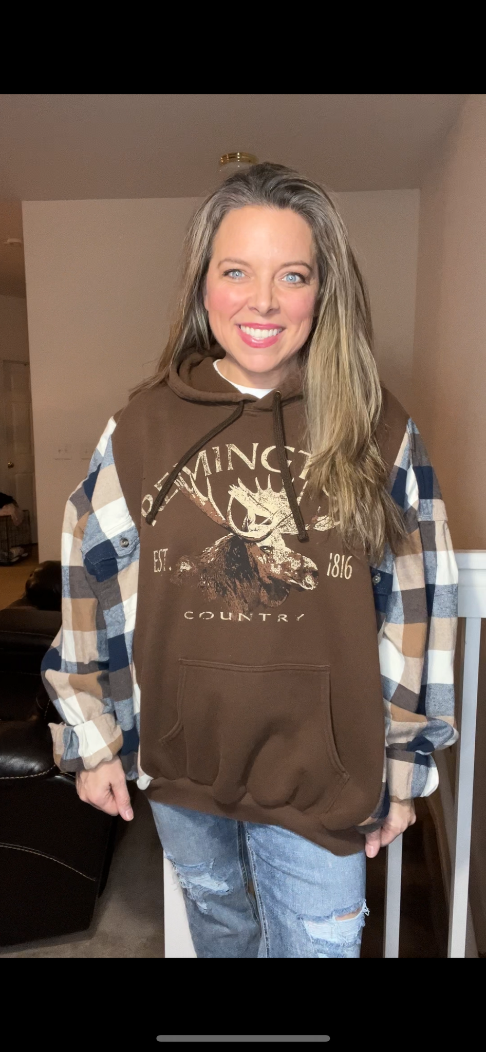 Upcycled Remington Sweatshirt – women’s one X/2X – soft thick sweatshirt with flannel sleeves