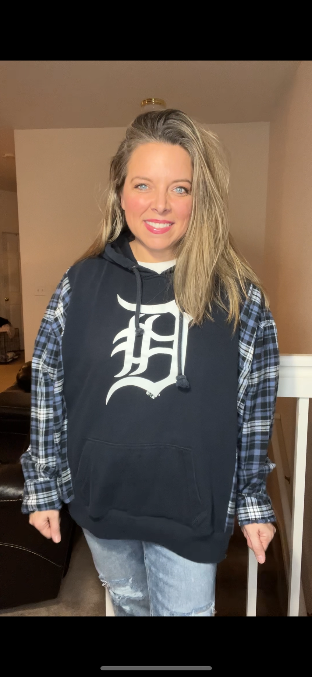 Upcycled Detroit sweatshirt – women’s XL – thick sweatshirt with flannel sleeves