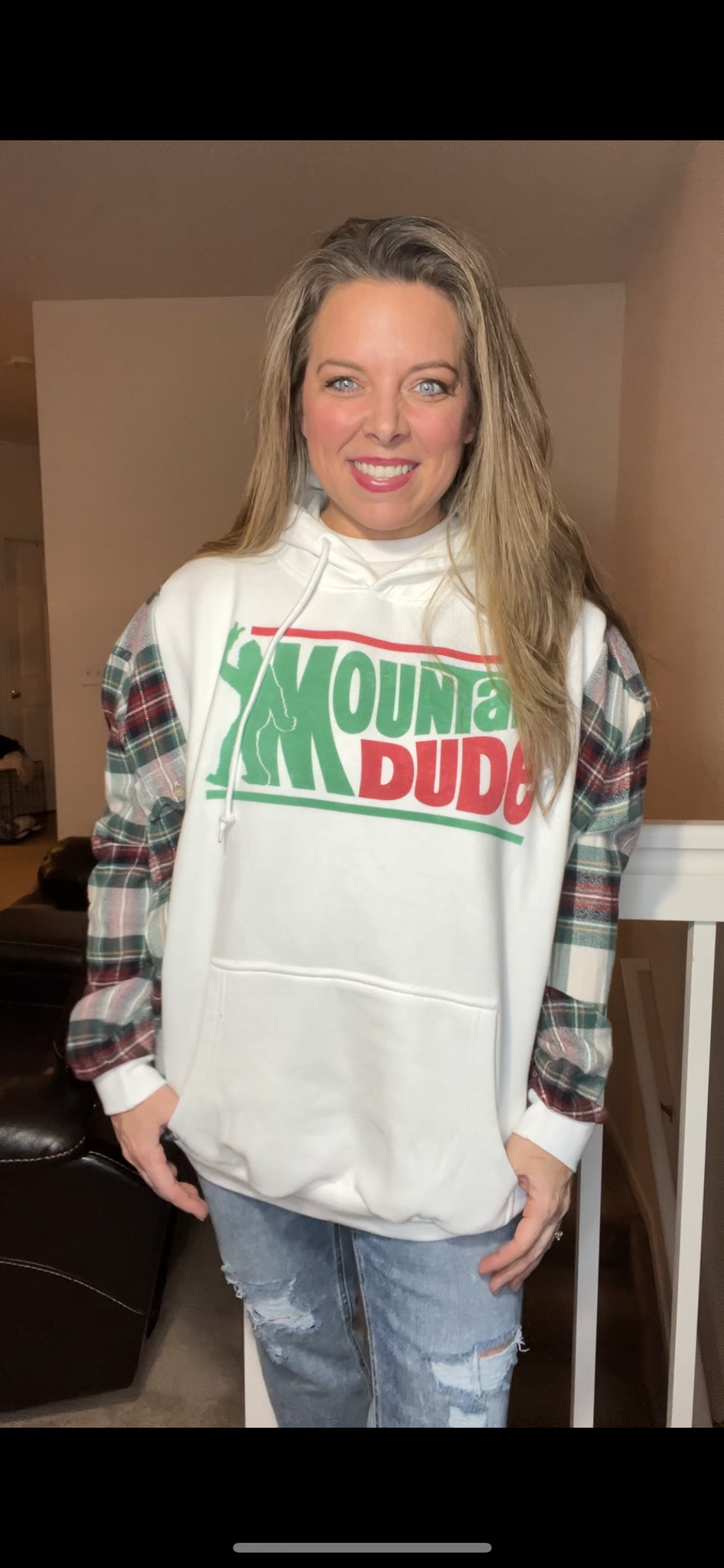 Upcycled Mountain Dude – woman’s 2X/3X – soft thick sweatshirt with soft flannel sleeves