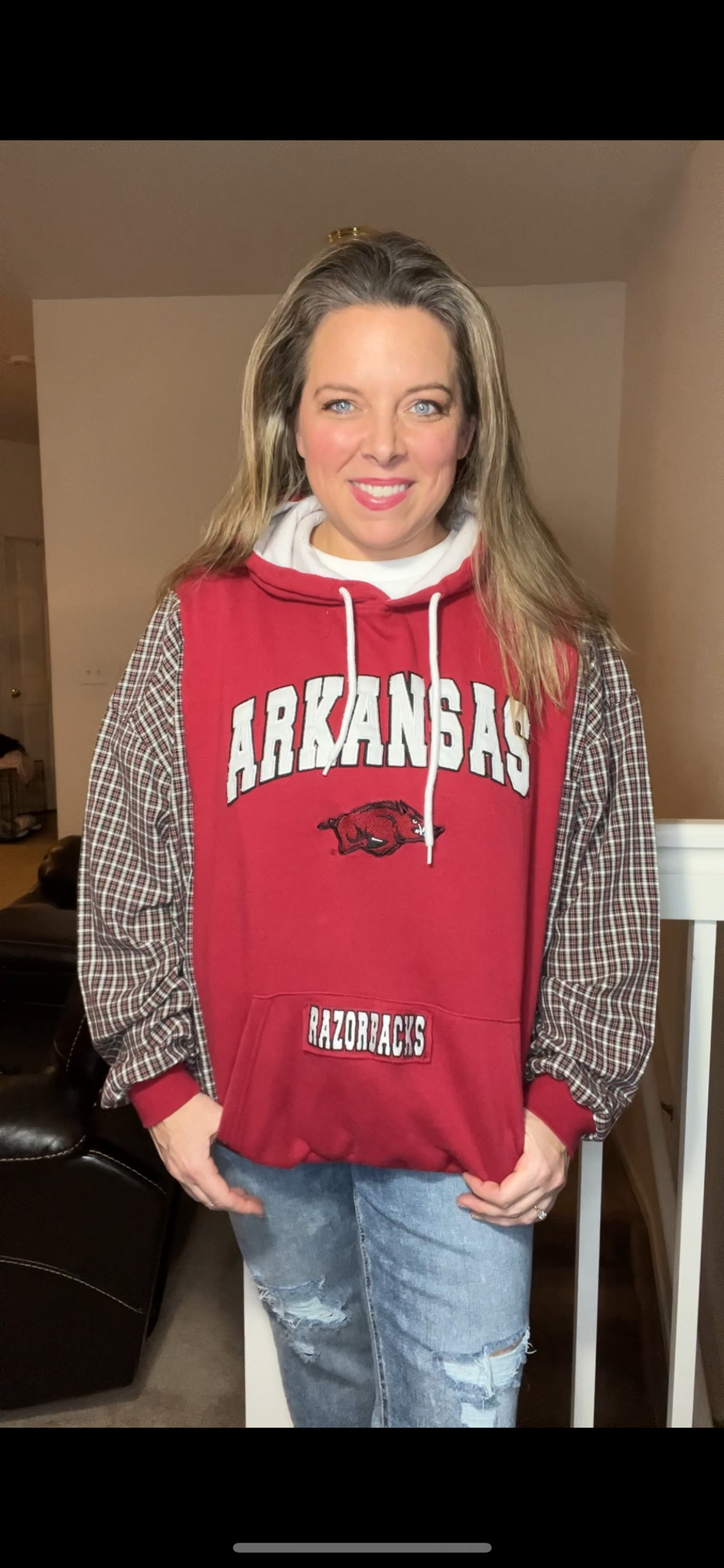 Upcycled Razorbacks sweatshirt – women’s XL – soft thick sweatshirt with cotton sleeves – words on pocket can be removed