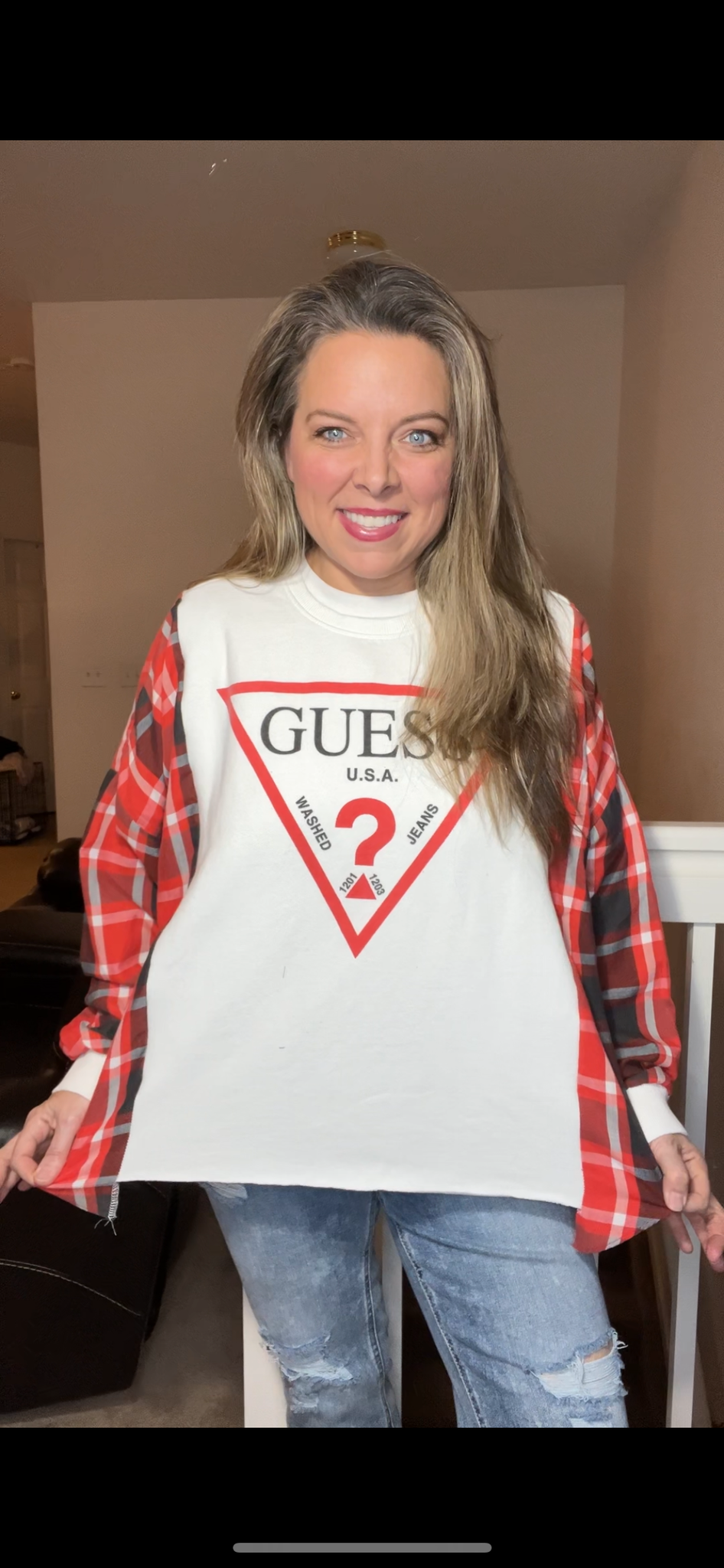Upcycled Guess Sweatshirt – women’s large – midweight sweatshirt with thin flannel sleeves - bottom band can be added