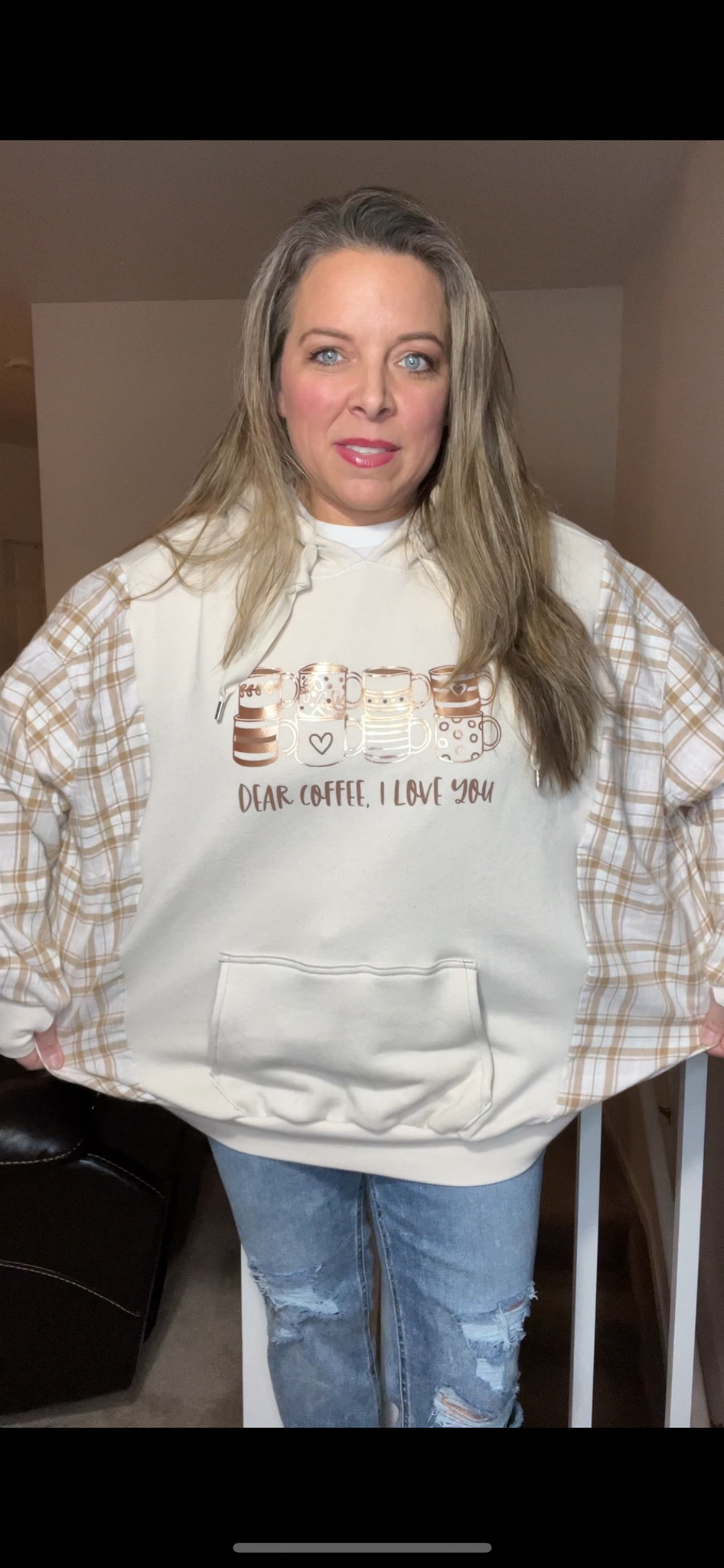 Upcycled Coffee Sweatshirt – women’s 2X – soft thick sweatshirt with flannel sleeves – thumb holes