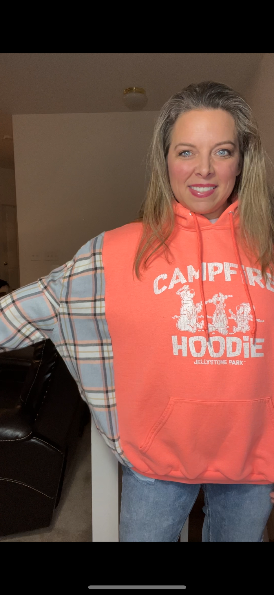 Upcycled Campfire Sweatshirt women’s XL/1X – midweight sweatshirt with soft flannel sleeves