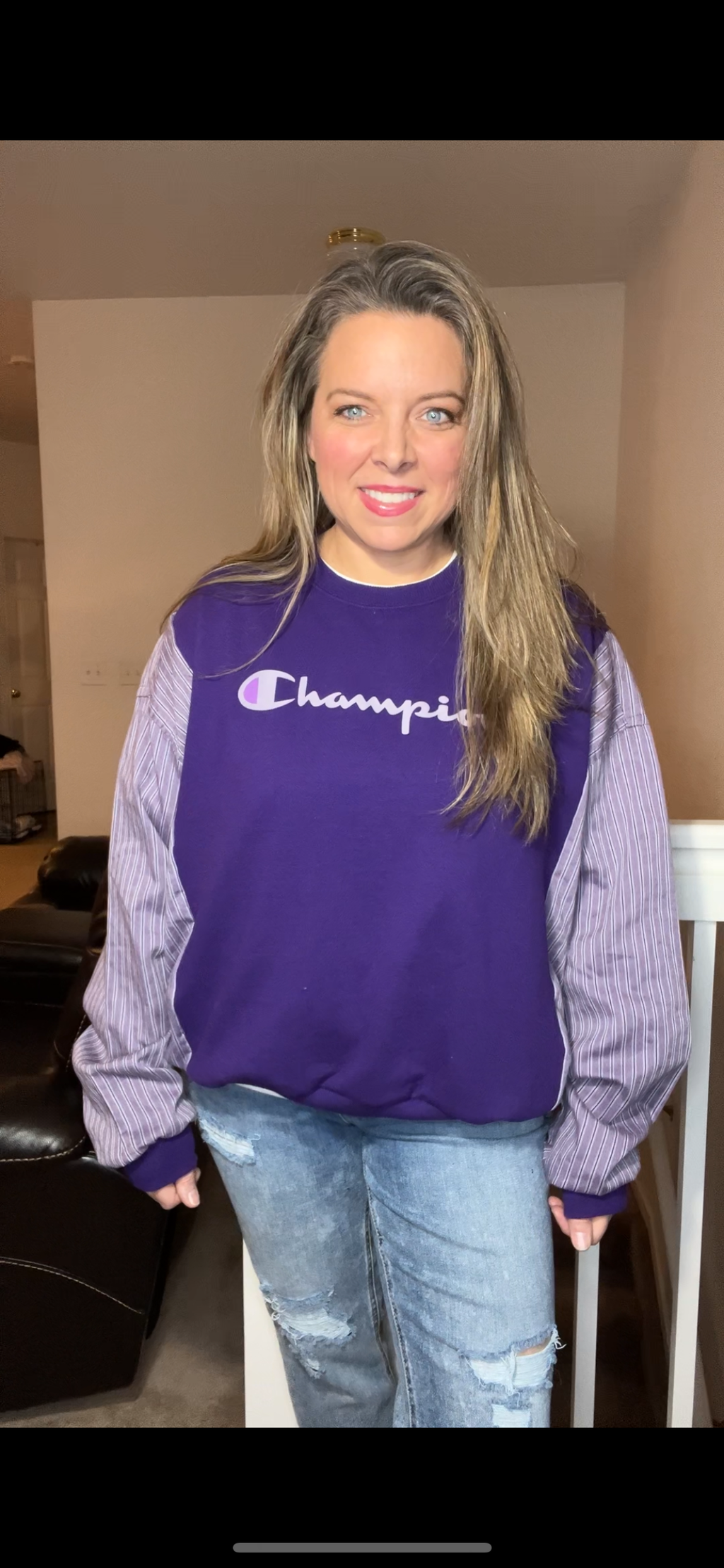 Upcycled Champion Purple – women’s medium – midweight sweatshirt with soft cotton sleeves